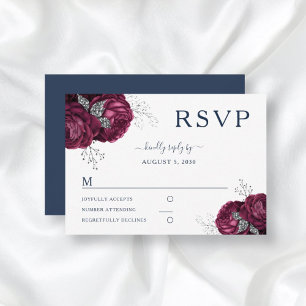 Elegant Navy Blue Floral Burgundy Peonies Wedding RSVP Card