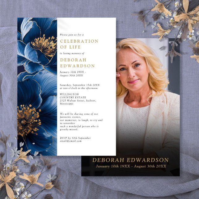 Elegant Navy Blue Floral Celebration Of Life Photo Invitation (Elegant Navy Blue Floral Celebration Of Life Photo Invitation)