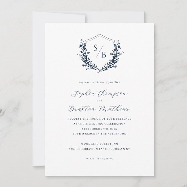 Elegant Navy Blue Floral Crest Monogram Wedding Invitation (Front)