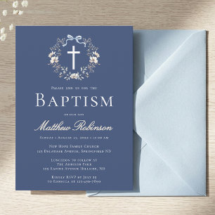 Elegant Navy Blue Floral Cross Baptism Invitation