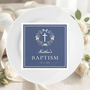 Elegant Navy Blue Floral Cross Baptism Napkin