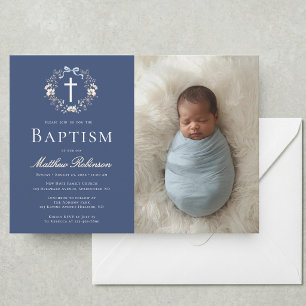Elegant Navy Blue Floral Cross Baptism Photo Invitation