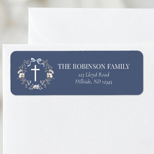 Elegant Navy Blue Floral Cross Baptism Return Address Label