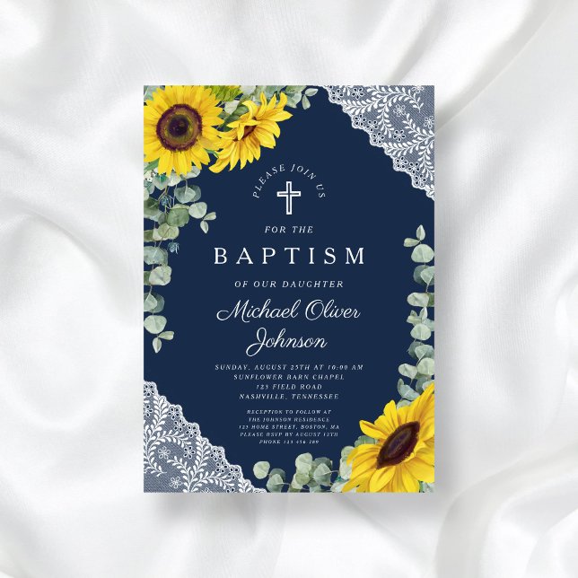 Elegant Navy Blue Floral Cross Boy Baptism Invitation (Elegant Navy Blue Floral Cross Boy Baptism Invitation)