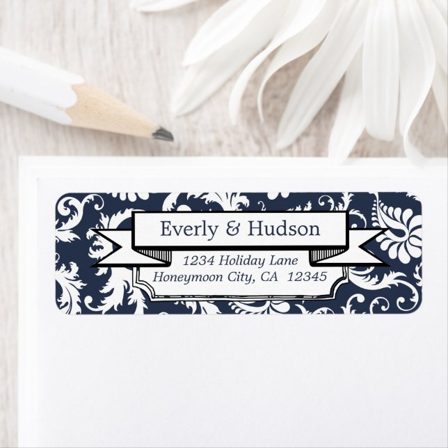 Elegant Navy Blue Floral Damask Return Address Label (Insitu)