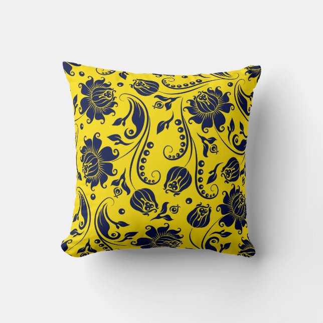 Elegant Navy Blue Floral Damasks On Bright Yellow Cushion (Front)