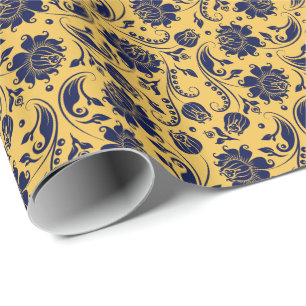 Elegant Navy Blue Floral Damasks Yellow Background Wrapping Paper