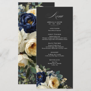 Elegant Navy Blue Floral Details Menu Wedding