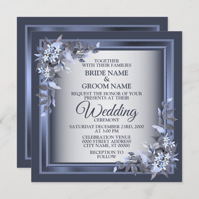 Elegant Navy Blue Floral Framed Silver Wedding Invitation (Front/Back)