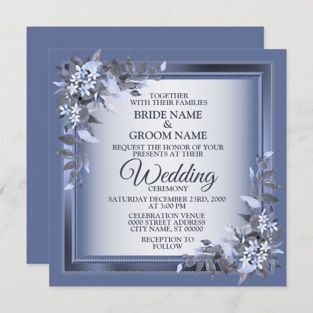 Elegant Navy Blue Floral Framed Silver Wedding Invitation (Front/Back)