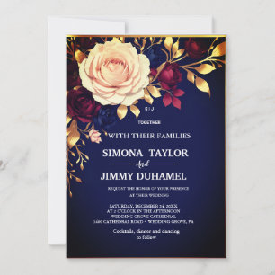 Elegant Navy Blue Floral Gold Blush Pink Wedding Invitation