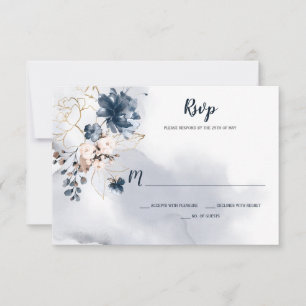 Elegant Navy Blue Floral Gold Sketched Roses RSVP Card
