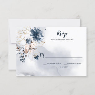 Elegant Navy Blue Floral Gold Sketched Roses   RSVP Card