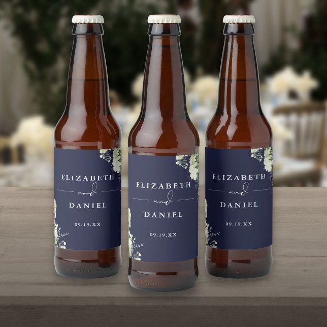 Elegant Navy Blue Floral Greenery Wedding Beer Bottle Label (Elegant Navy Blue Floral Greenery Wedding Beer Bottle Label)