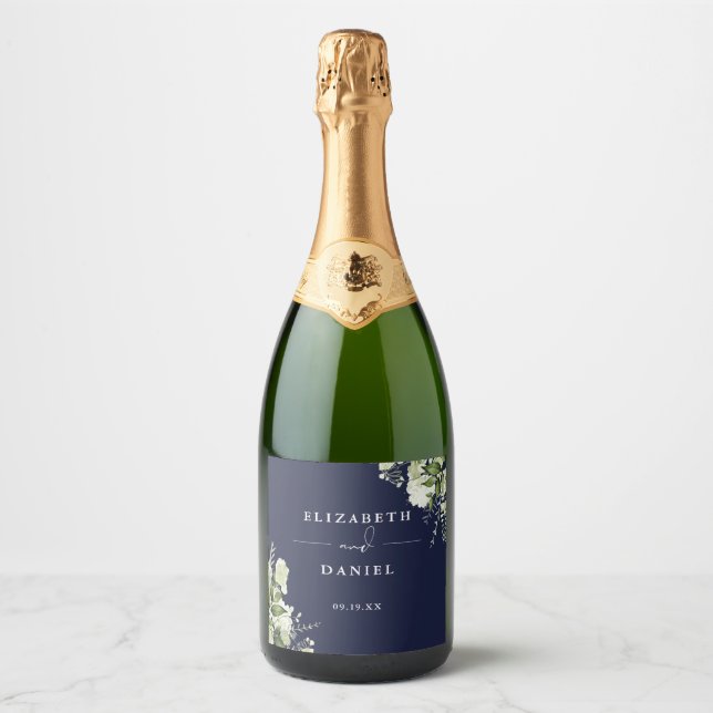 Elegant Navy Blue Floral Greenery Wedding Sparkling Wine Label (Front)