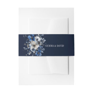 Elegant Navy Blue Floral Invitation Belly Band