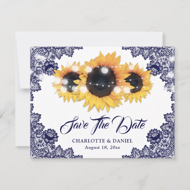 Elegant Navy Blue Floral Lace Sunflower Wedding Announcement (Front)