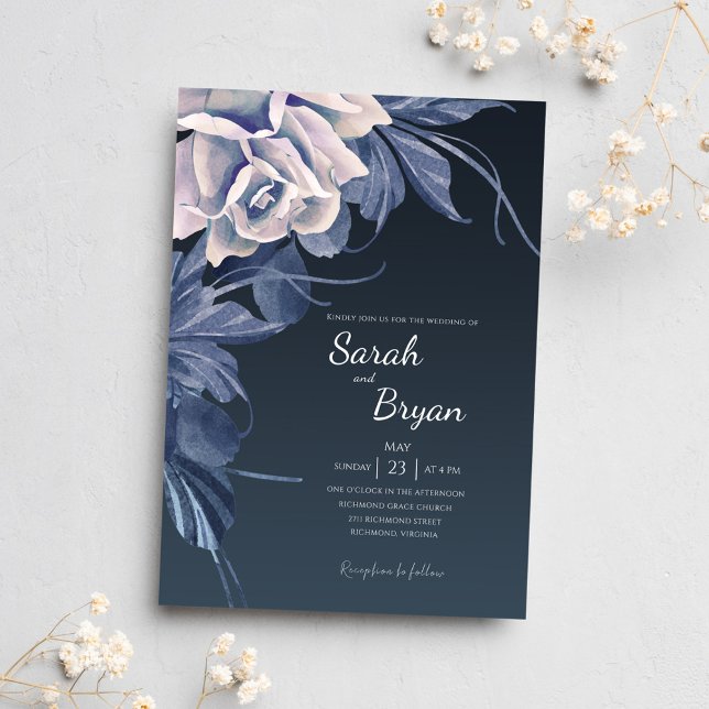 Elegant Navy Blue Floral Modern Bold Boho Wedding Invitation (Creator Uploaded)