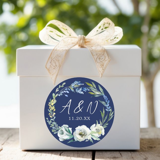 Elegant Navy Blue Floral Monogram Winter Wedding Classic Round Sticker (Creator Uploaded)