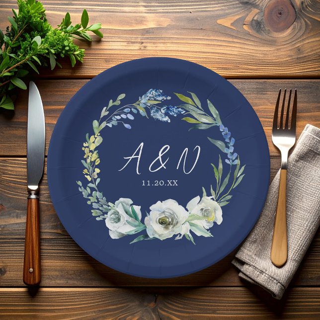 Elegant Navy Blue Floral Monogram Winter Wedding Paper Plate (Creator Uploaded)
