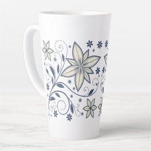 Elegant Navy Blue Floral Pattern Latte Mug