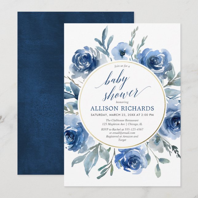 Elegant navy blue floral peonies boy baby shower invitation (Front/Back)