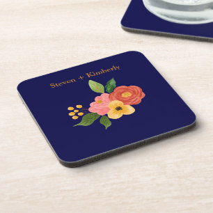 Elegant Navy Blue Floral Personalised Wedding Coaster