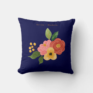 Elegant Navy Blue Floral Personalised Wedding Cushion