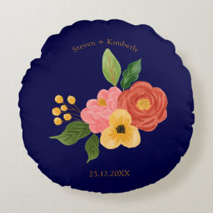 Elegant Navy Blue Floral Personalised Wedding Round Cushion