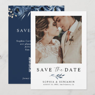 Elegant Navy Blue Floral Photo & QR Code Wedding  Save The Date