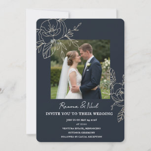Elegant Navy Blue Floral Photo Wedding Invitation