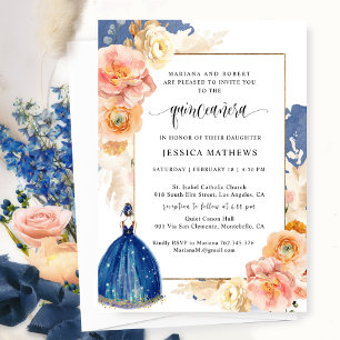 Elegant Navy Blue Floral Princess Quinceañera Invitation