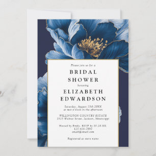 Elegant Navy Blue Floral QR Code Bridal Shower Invitation