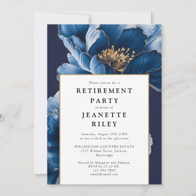 Elegant Navy Blue Floral Retirement Party Invitation (Front)