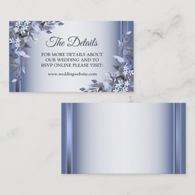 Elegant Navy Blue Floral Silver Wedding Detail Enclosure Card (Front/Back)