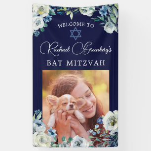 Elegant Navy Blue Floral Star of David Bat Mitzvah Banner
