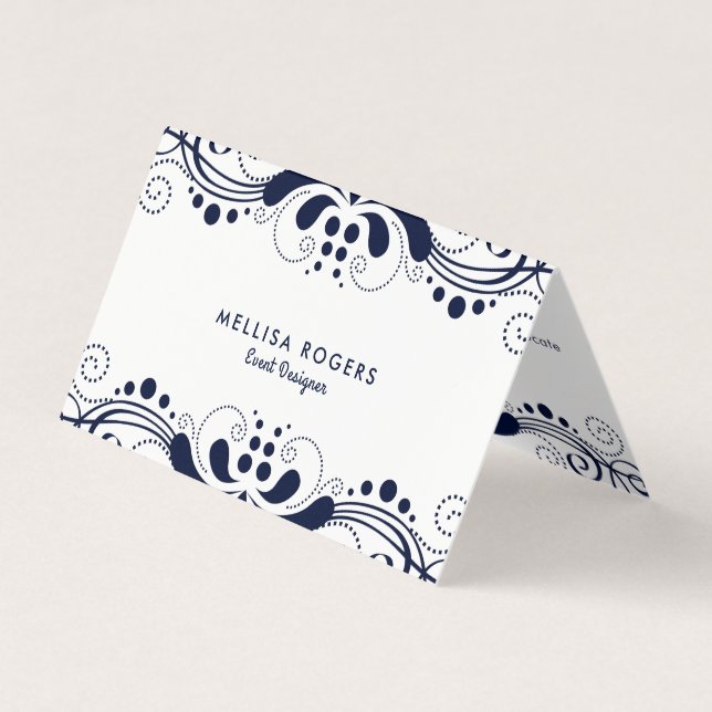 Elegant Navy-blue Floral Swirls Lace Business Card (Front)