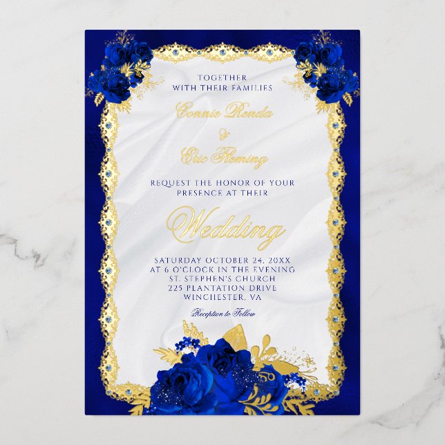 Elegant Navy Blue Floral Wedding Gold (Front)