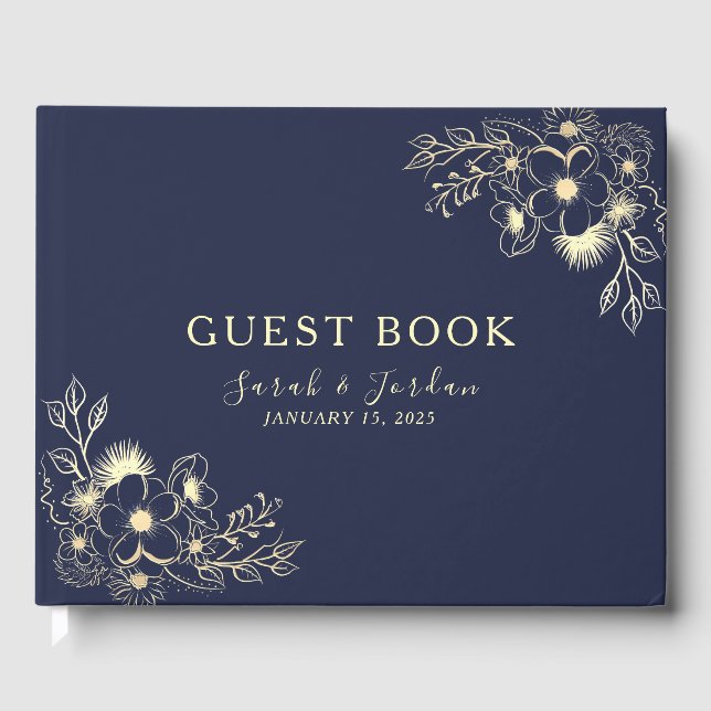 Elegant Navy Blue Floral Wedding  Guest Book (Front)