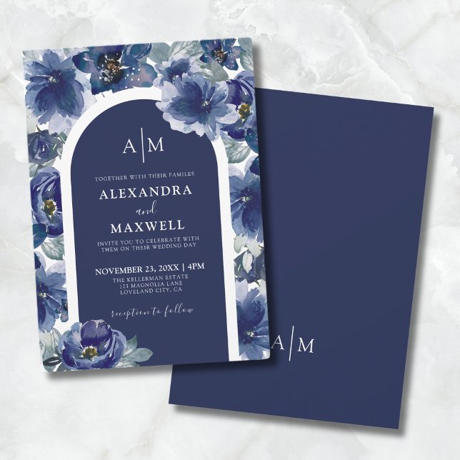 Elegant Navy Blue Floral Wedding Invitation (Elegant Navy Blue Floral Wedding Invitation)