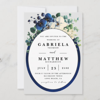 Elegant Navy Blue Floral Wedding Invitation | Edit