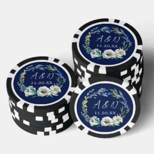Elegant Navy Blue Floral Wedding Monogram Poker Chips