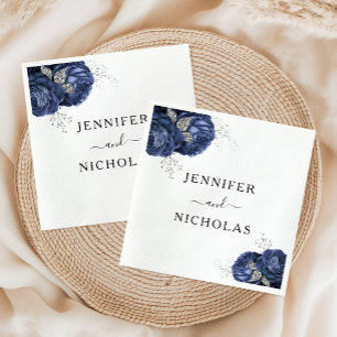 Elegant Navy Blue Floral Wedding Napkin