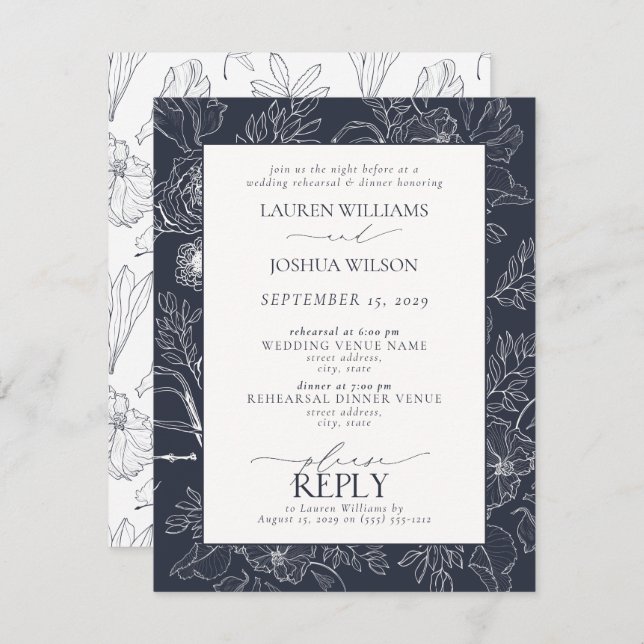Elegant Navy Blue Floral Wedding Rehearsal Dinner Invitation (Front/Back)