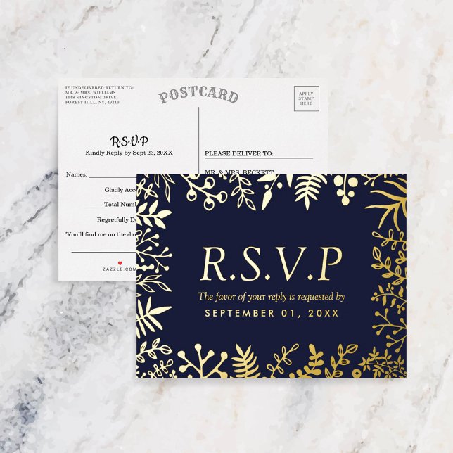 Elegant Navy Blue Floral Wedding RSVP Real Foil Invitation Postcard (Creator Uploaded)