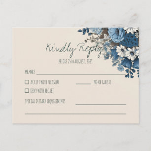 Elegant Navy Blue Floral Wedding RSVP   Response Postcard