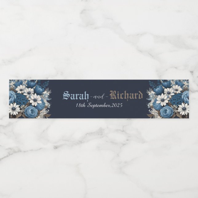 Elegant Navy Blue Floral Wedding Water Bottle Label (Single Label)