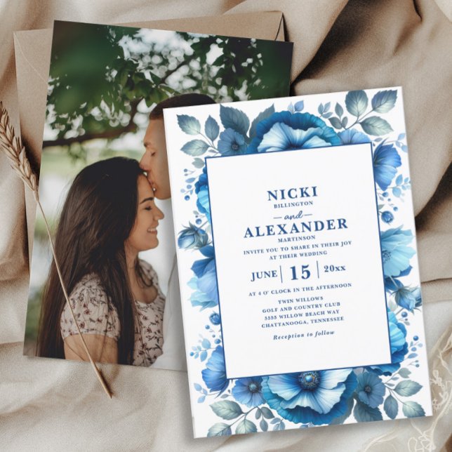 Elegant Navy Blue Floral White Wedding Invitation (Navy blue and white floral photo wedding invitation)