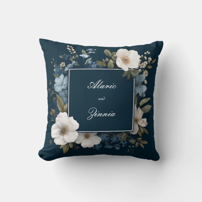 Elegant Navy Blue Floral with White Blossoms Cushion (Front)