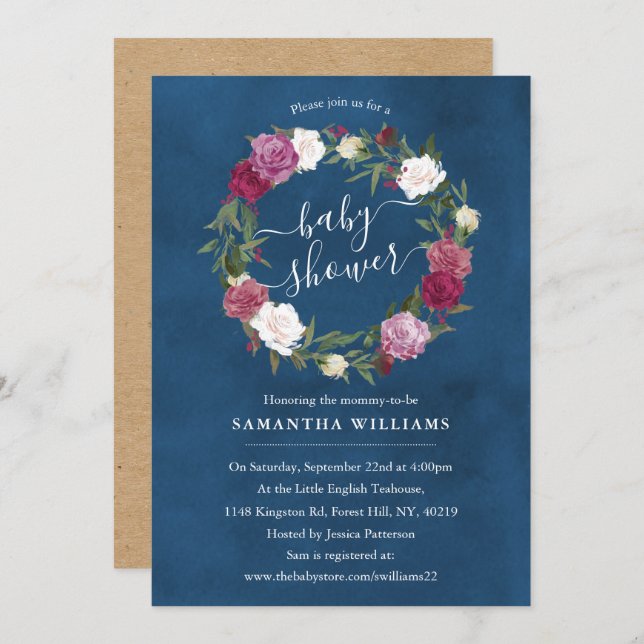 Elegant Navy Blue Floral Wreath Baby Shower Invitation (Front/Back)